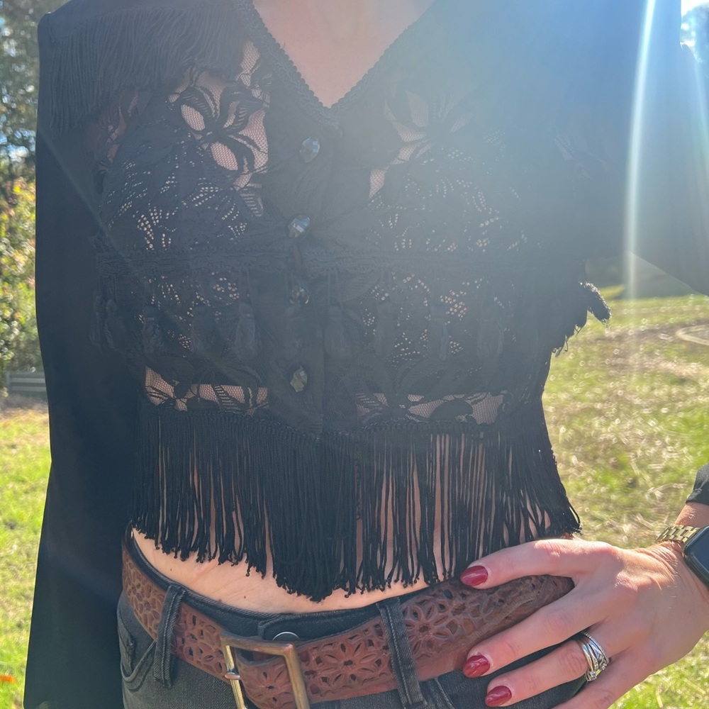 Vintage Fire Los Angeles Black Lace Button-Up Fringe Blouse